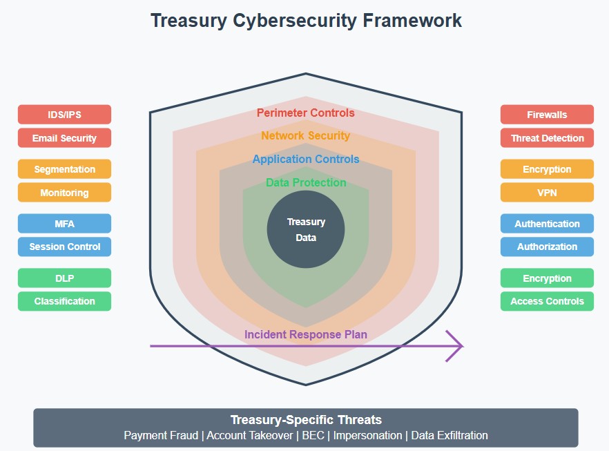Treasury cybersecurity framework: layered perimeter controls, network security, application controls, and data protection around treasury data, with an incident response plan and treasury-specific threats (payment fraud, account takeover, BEC, impersonation, data exfiltration) called out below.